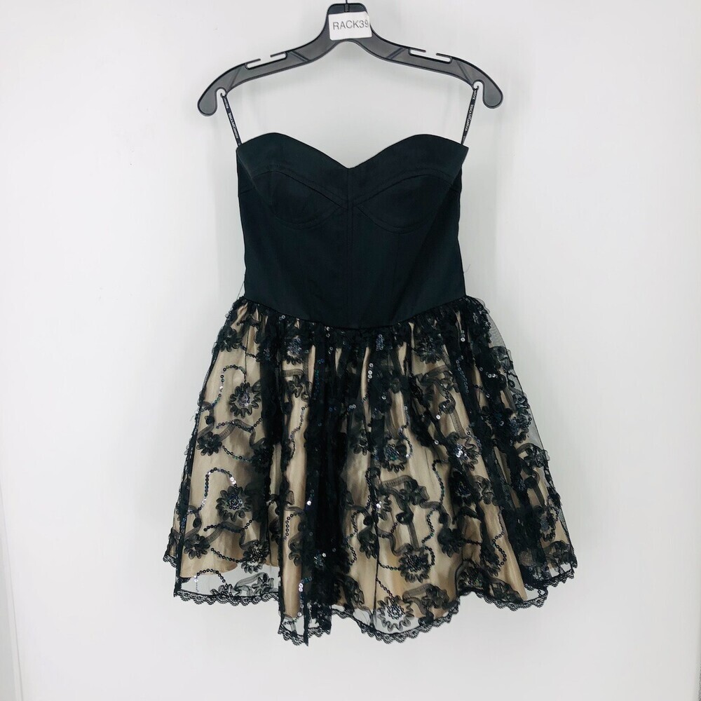 Vintage 80s Jessica McClintock Cocktail Dress Junior 7 Black/Tan Sweetheart Neck